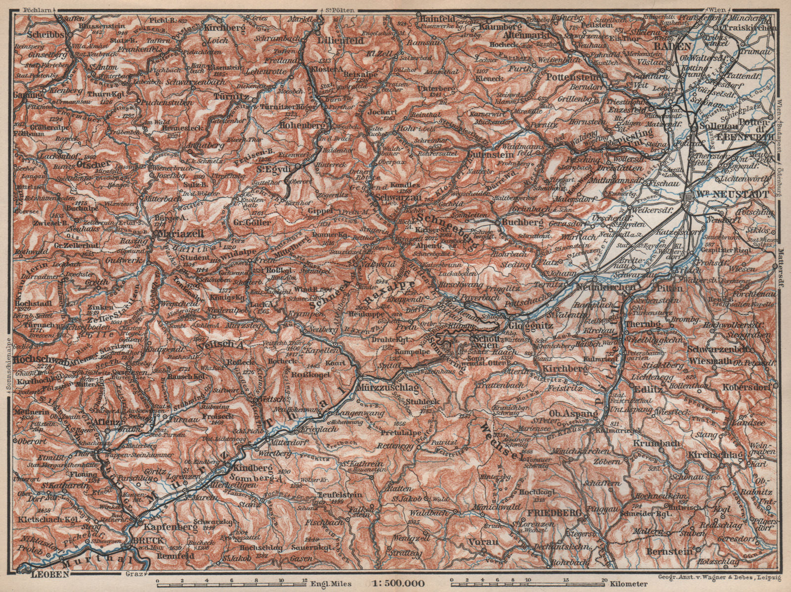 SEMMERING & MARIAZELL environs. Mürztal Styria Baden bei Wien Austria 1896 map